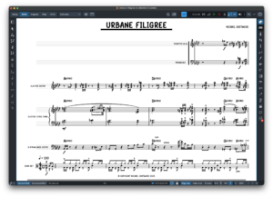 Open music score page titled 'Urbané Filigree' with staves for trumpets, electric guitar, bass, and drums/keyboard.