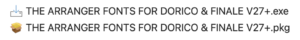CleanShot 2026-05-14 at 1029522x ‣ NorFonts Download icon next to filename THE ARRANGER FONTS FOR DORICO & FINALE V27+.exe